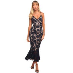 NWT- Lulus Alluring Dream Navy Blue Floral Mesh Lace Trumpet Midi Dress – Size M